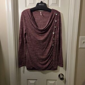 Maroon Space Dyed Cowl Neck Ruched Long Sleeve Top W/ Button Accents. Sz XL.